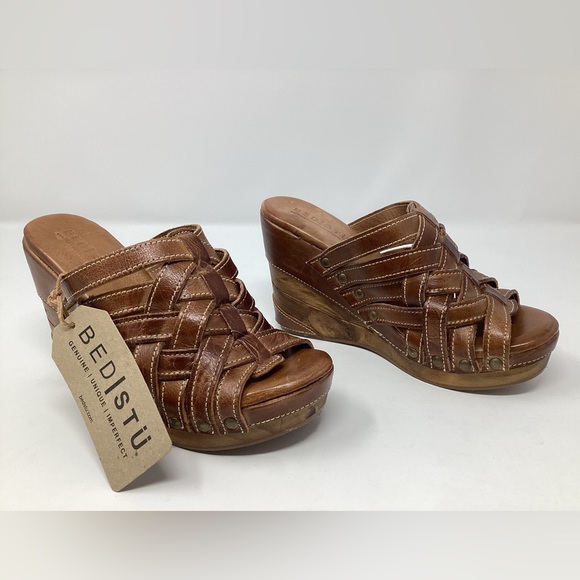 BED|STU New Wedges “Gina” Women’s Size 6.5 Brown Leather Faux Wood Sandals - Picture 1 of 11